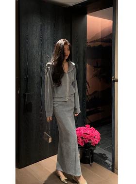 N.COU妮蔻25秋新款时髦休闲洋气设计感灰色丝绒条帽衫外套套装