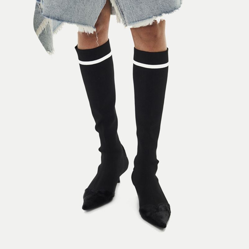 尖头细跟长筒黑色百搭弹力袜靴