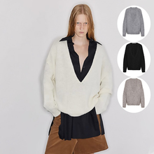 主推! wearable event 白灰黑色深V毛衣宽松套头针织打底毛衫上衣