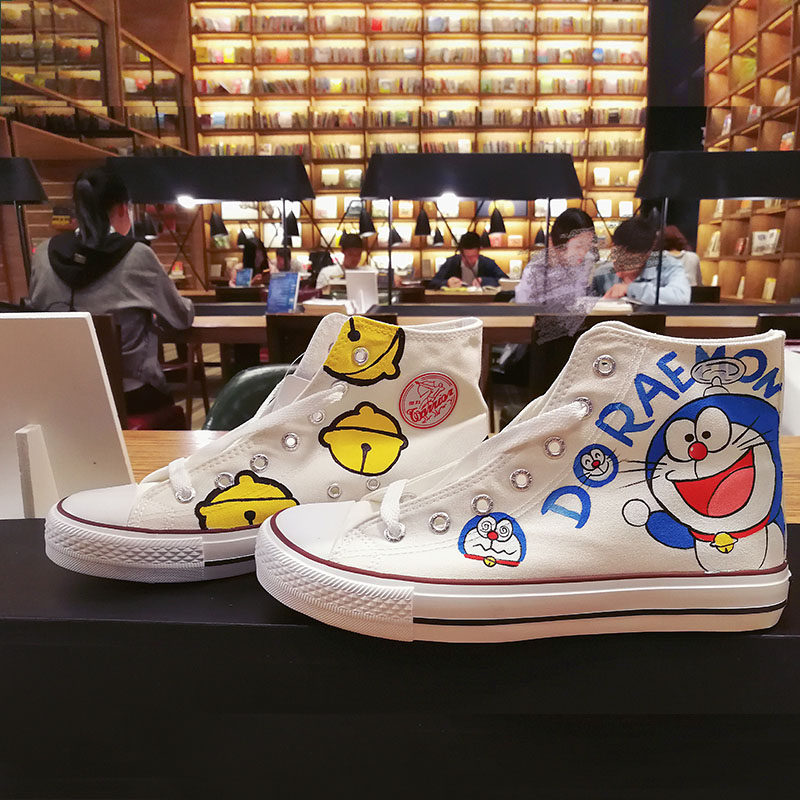 哆啦a梦原创回力 手绘鞋喜茶联名小白鞋爆改高帮帆布鞋女学生板鞋