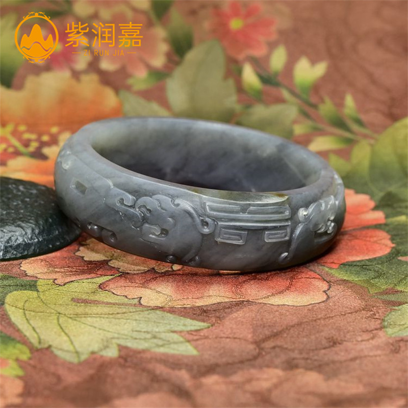 紫润嘉新疆和田玉龙凤呈祥籽料手镯56水墨青花玉镯无结构留皮镯子