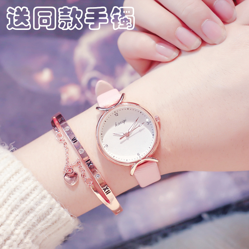 ins樱花粉少女手表防水气质淑女皮带款中学生韩版简约潮流ulzzang