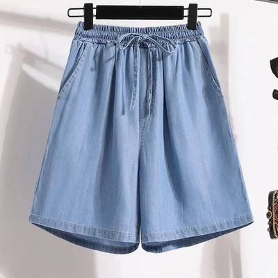 Summer ew hin Ice Silk Denim Shorts Elast Waist Solid Color