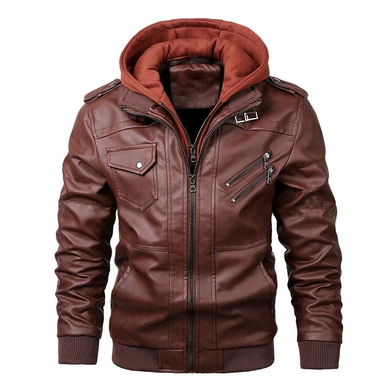 Leather Jackets For Men Casual Cowhide PU Leather Hooded Aut