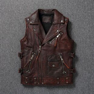 Leather Vest Vintage Sleeveless Cowhide Men Layer Jack Top