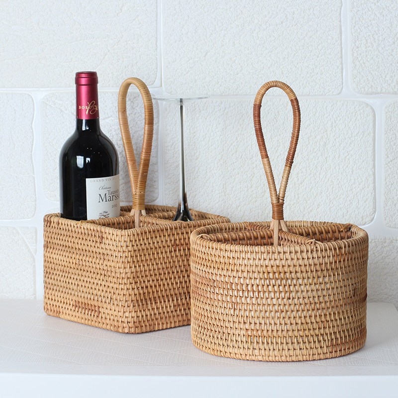 藤编桌面收纳筐红酒架摆件酒杯遥控器带分格收纳手提篮家用北欧