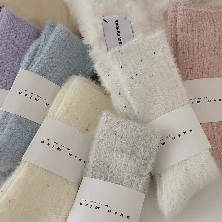 水貂绒袜子秋冬款女韩系纯色点子纱中筒袜加厚毛绒地板堆堆袜巨厚