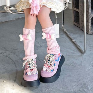 粉色骨头腿套y2k女童堆堆袜冬毛线卡通保暖洛丽塔护膝袜套过膝袜