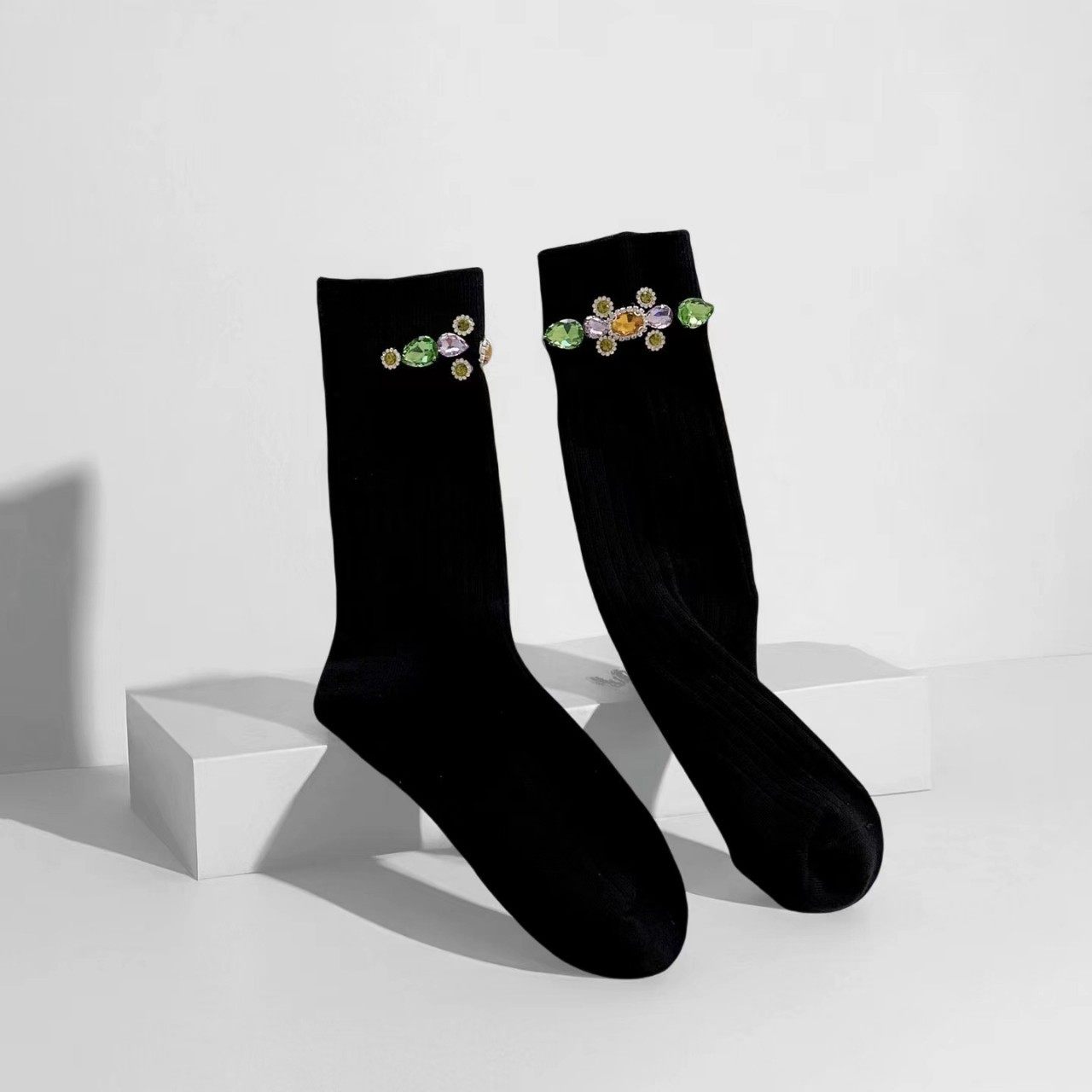 秋冬版多色水晶彩钻立体抽条长袜小红书网红及膝小腿袜配饰走秀袜