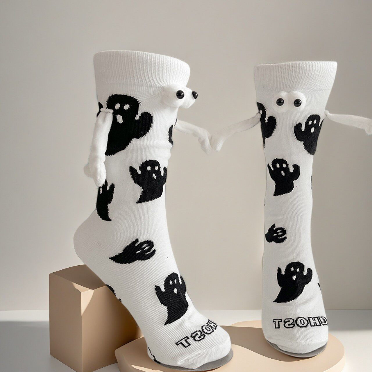 万圣节袜子搞怪磁吸牵手袜黑白幽灵蝙蝠跨境亚马逊欧美男女情侣袜