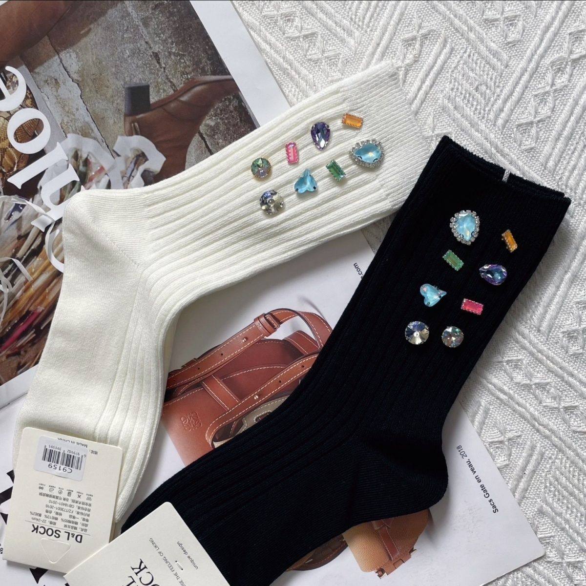 重工饰品彩钻袜子手缝时尚中筒韩版纯棉黑白个性爆款ins堆堆潮流