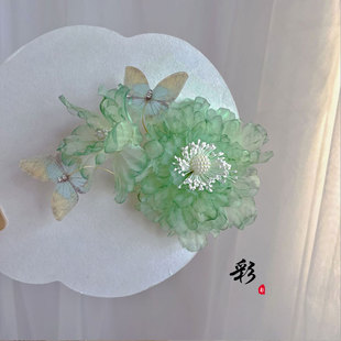 烫花绿色系清新甜美发饰发夹古风汉服头饰侧边古装发夹配饰国风