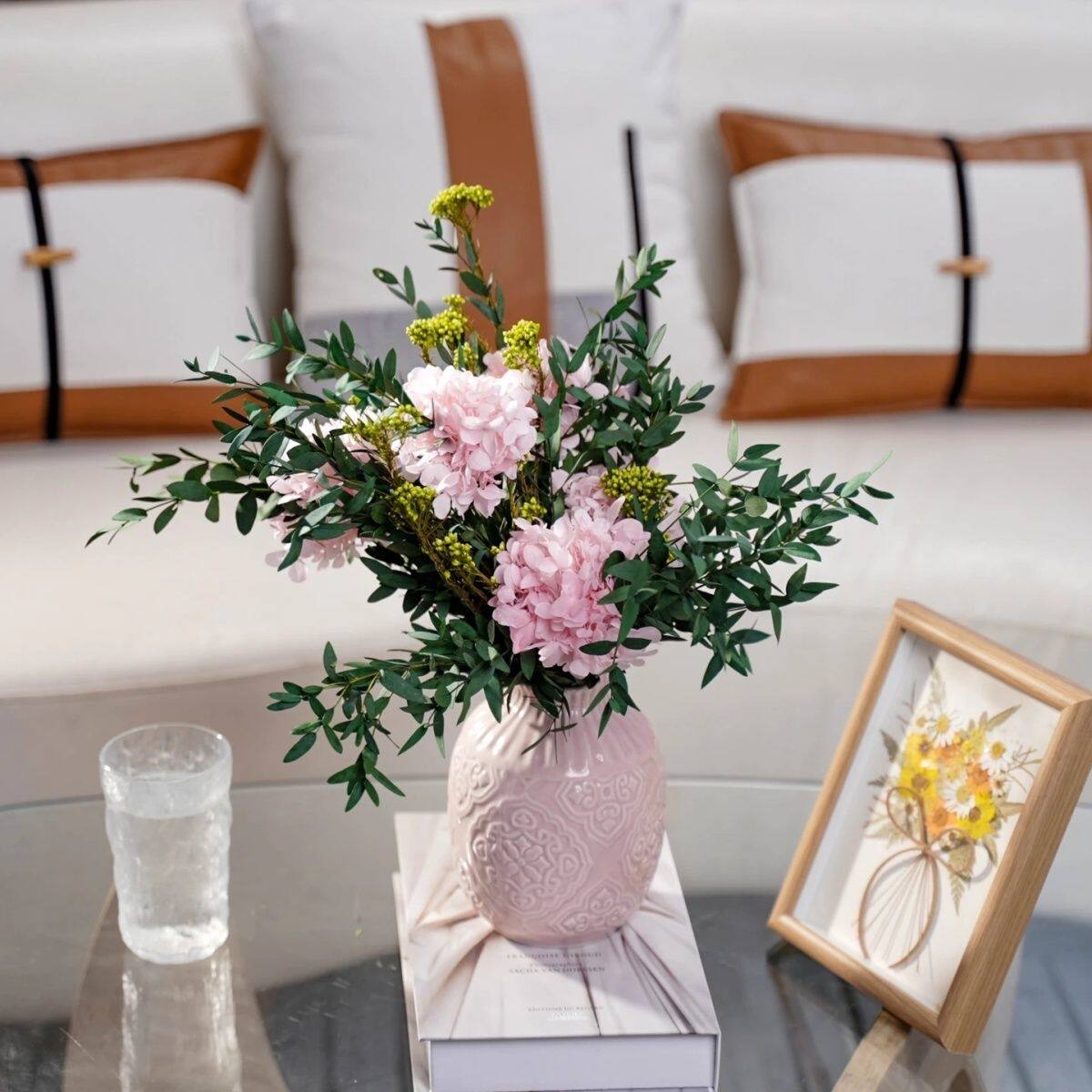 【粉黛】粉色绣球细叶尤加利永生花束花瓶装饰品家居摆件浪漫花艺