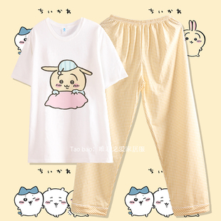 纯棉chiikawa吉伊卡哇睡衣女春秋季长袖圆领黄色格子乌萨奇家居服