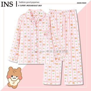 纯棉binini睡衣女春秋季长袖条纹开衫萌系可爱成韩彬家居服zeroni