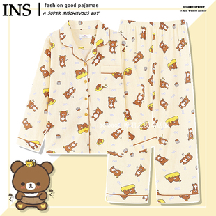 轻松熊睡衣女款春装纯棉纱布可爱小熊长袖春秋季可外穿棉纱家居服