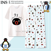 长裤 短袖 圆领简约可爱卡通套头家居服纯棉 夏季 pingu企鹅睡衣女款