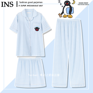 日系pingu企鹅睡衣女款夏季云朵棉短袖长裤三件套家居服蓝色格子