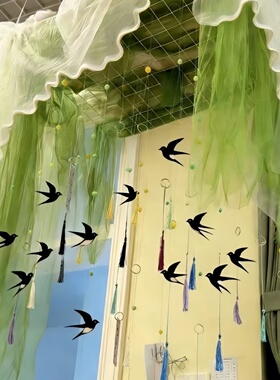 幼儿园绿色网纱春天环创纱幔背景手工diy美容院民宿房间布置装饰