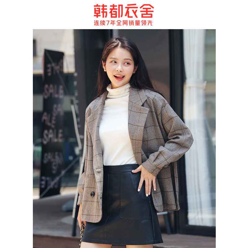 韩都衣舍2019秋冬新款女装韩版宽松上衣格子西装外套OU12785堯