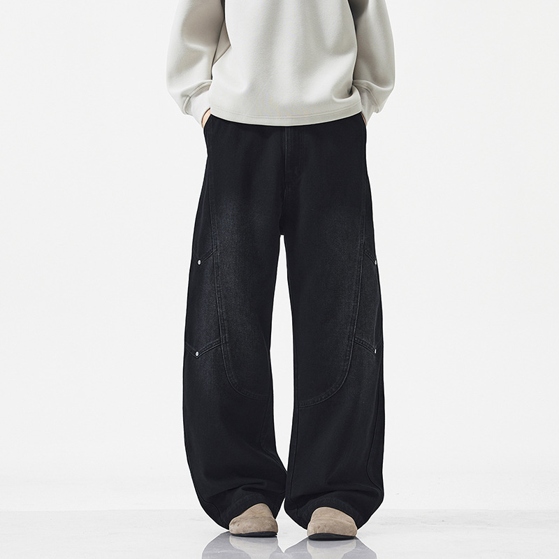 大码黑色牛仔裤子男士春秋季美式复古工装ins直筒裤加大阔腿长裤