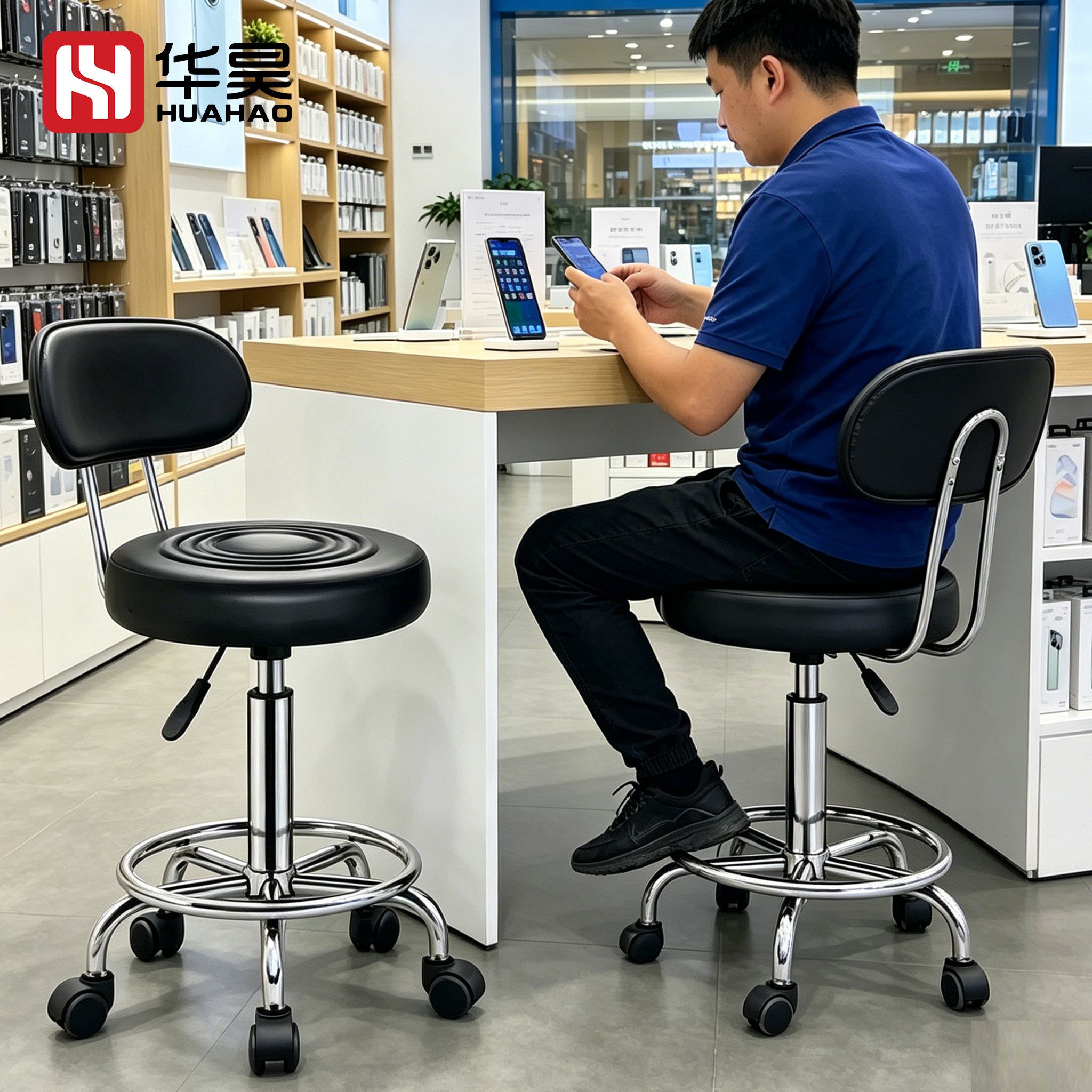 万向轮剪发美容院小型升降椅子吧台椅柜台美发店理带轮凳子大工凳