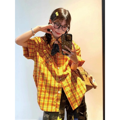 美式黄色格子短袖衬衫男夏季复古