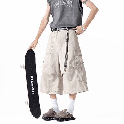 美式杏色大口袋工装短裤男款夏季