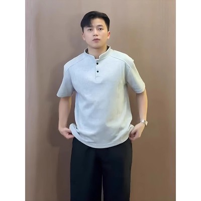 灰色美式亨利领短袖polo衫男夏季