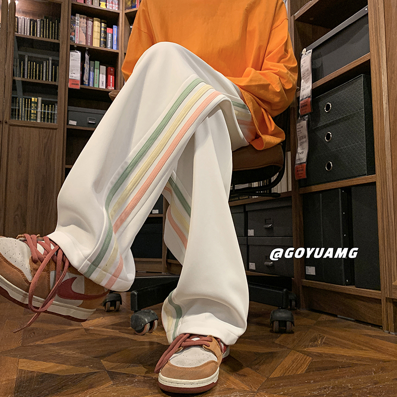白色条纹三条杠阔腿直筒宽松休闲