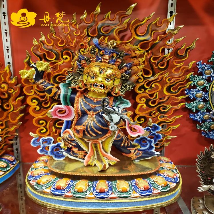 尼泊尔彩绘金刚手雕像恰那多杰护法金刚手菩萨纯铜西藏古代铜雕