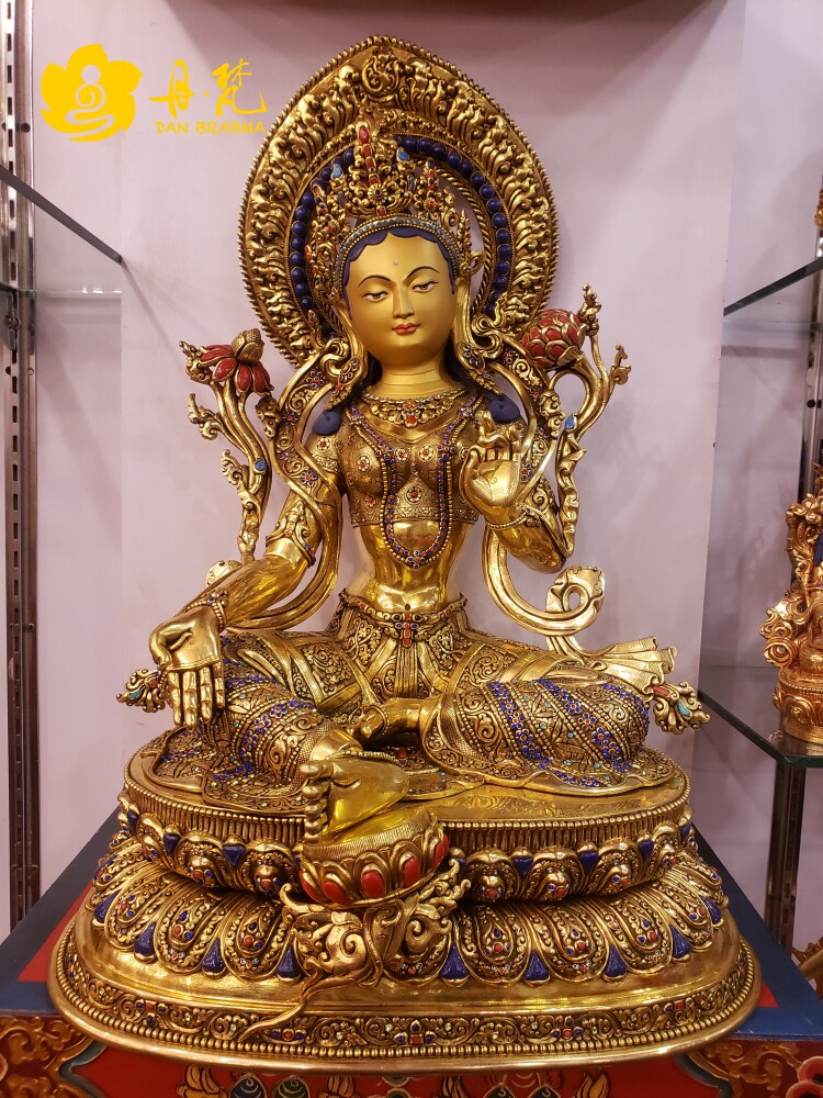 尼泊尔释迦族大师作品 精品鎏金绿度母高53cm 绿卓玛手工精雕雕像