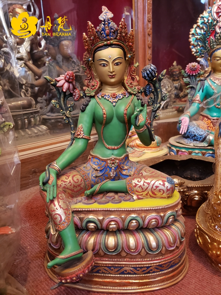 尼泊尔精品彩绘绿度母菩萨雕像雕卓玛铜雕像高二雕像西藏古代铜雕