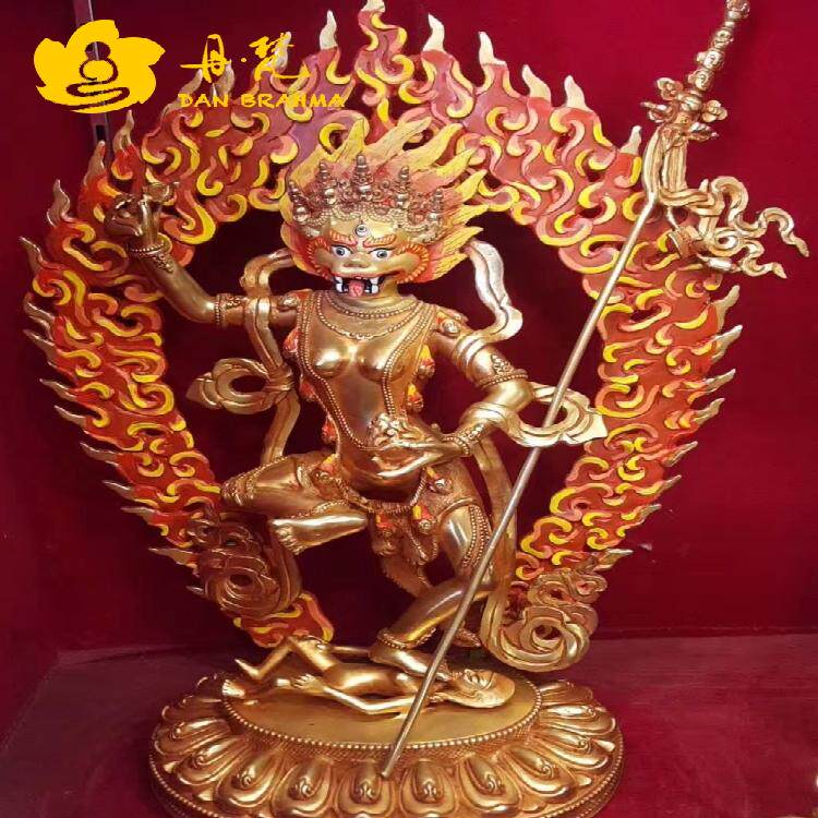 狮面佛母雕像 尼泊尔全鎏金彩绘狮面空行母铜雕精品金刚护法 36cm