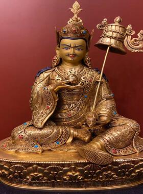 尼泊尔全鎏金莲师财神一尺鎏金崭刻精品家居摆件铜工艺品高31cm