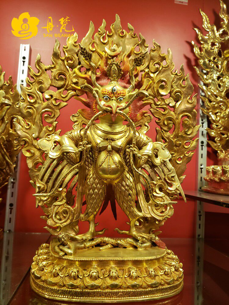 尼泊尔全鎏金大鹏鸟护法雕像 大鹏金翅鸟铜雕像 高38cm