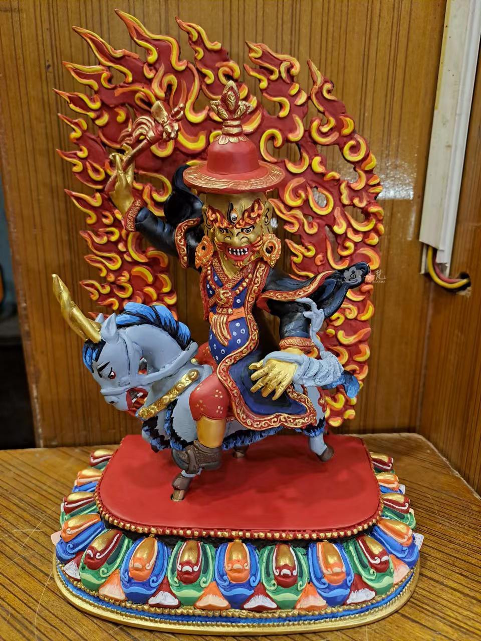 尼泊尔骑羊单坚护法 纯铜彩绘摆件密宗护法雕像具誓金世刚7寸23cm