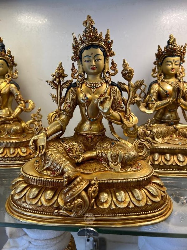 全鎏金大师作品 尼泊尔绿度母 金刚萨埵 金刚总持四臂观音7寸23cm