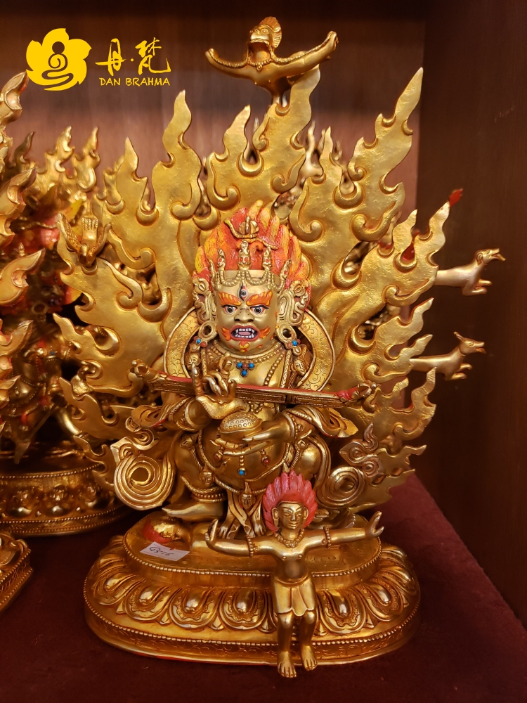 尼泊尔二臂玛哈嘎拉雕像释迦族红棒一尺纯铜鎏金像西藏古代铜雕