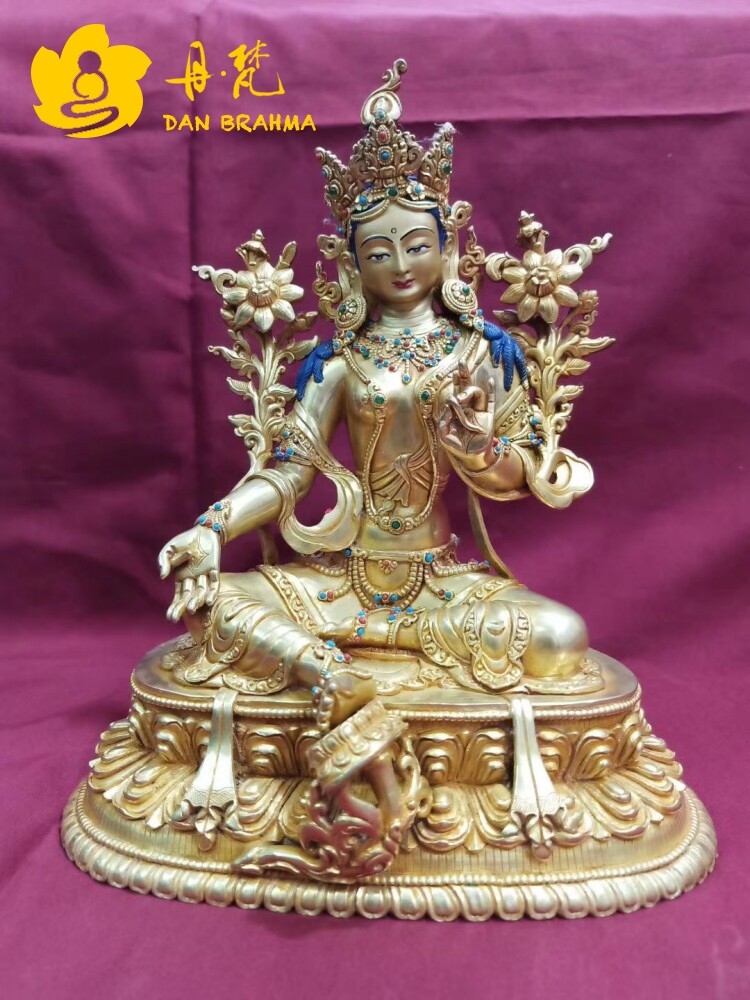 绿度母尼泊尔雕像全鎏精品手工制作绿卓玛铜雕佛 高度24cm