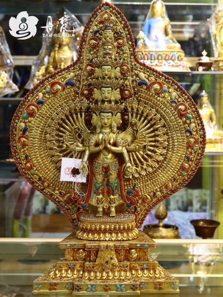 尼泊尔精品鎏金镶嵌千手观音雕像 镶嵌宝石手工铜雕像高度53cm