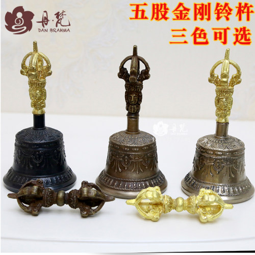 尼泊尔五股金刚铃杵小号一套12cm纯铜法器垫套手工铜器Vajra Bell