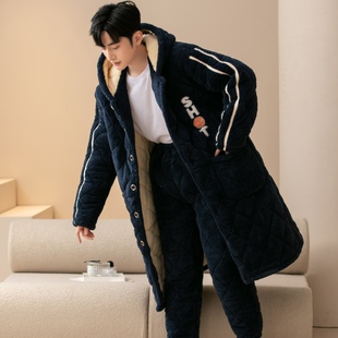 冬季男士三层夹棉连帽长款睡衣法兰珊瑚绒男款睡袍套装棉袄家居服