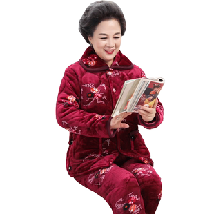 冬季女士三层加厚夹棉袄睡衣中老年女款法兰珊瑚绒夹棉家居服套装