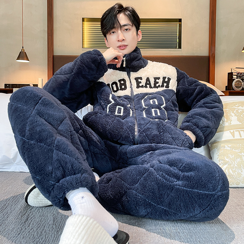 男士加厚夹棉保暖睡衣套装