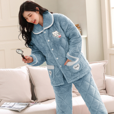 冬季女士三层加厚加绒夹棉家居服