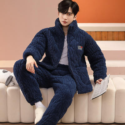冬季男士加厚加绒珊瑚绒三层夹棉