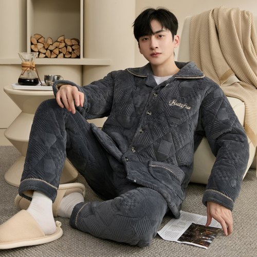 珊瑚绒冬款三层夹棉男士保暖睡衣