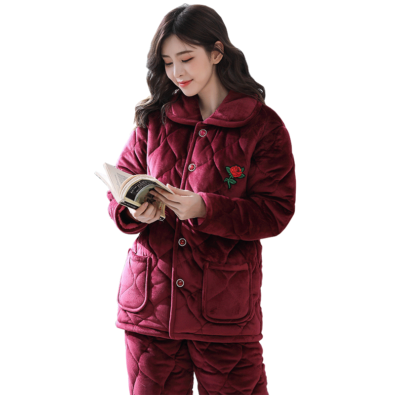 中老年冬季女士三层加厚法兰绒夹棉睡衣珊瑚绒加大保暖家居服套装