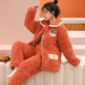 珊瑚绒家居服套装 睡衣女冬季 法兰绒三层加厚保暖夹棉袄睡衣女款